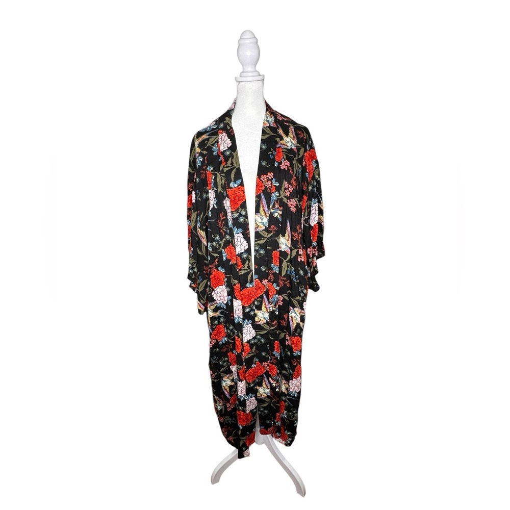 Gibson Latimer Floral Black Kimono Cover-Up with Red & Pink Blooms 2XL